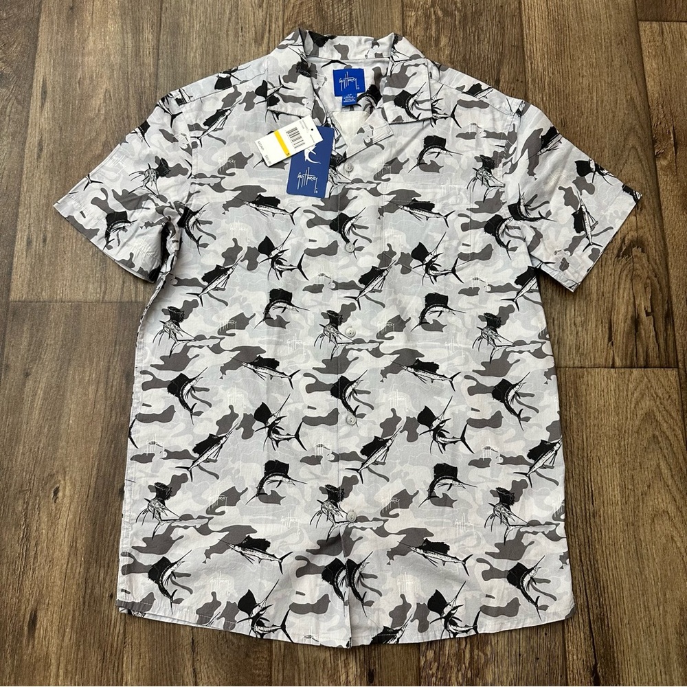 Guy Harvey Sail Fish All Over Print Camp Cotton Shirt Mens Size S Gray